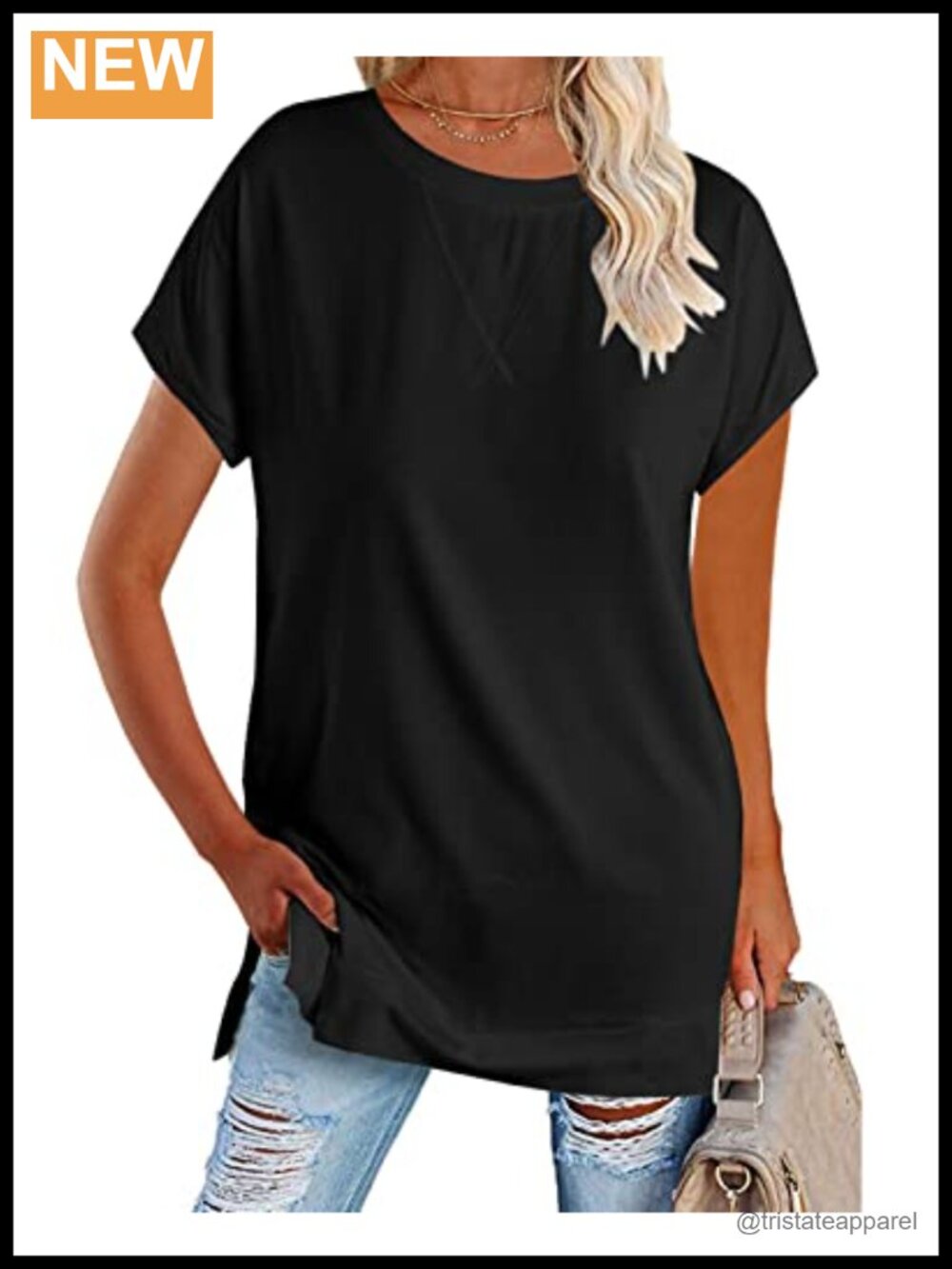 Women's Round Neck Solid Color T-Shirt Side Slit Casual Short-Sleeved Summer
